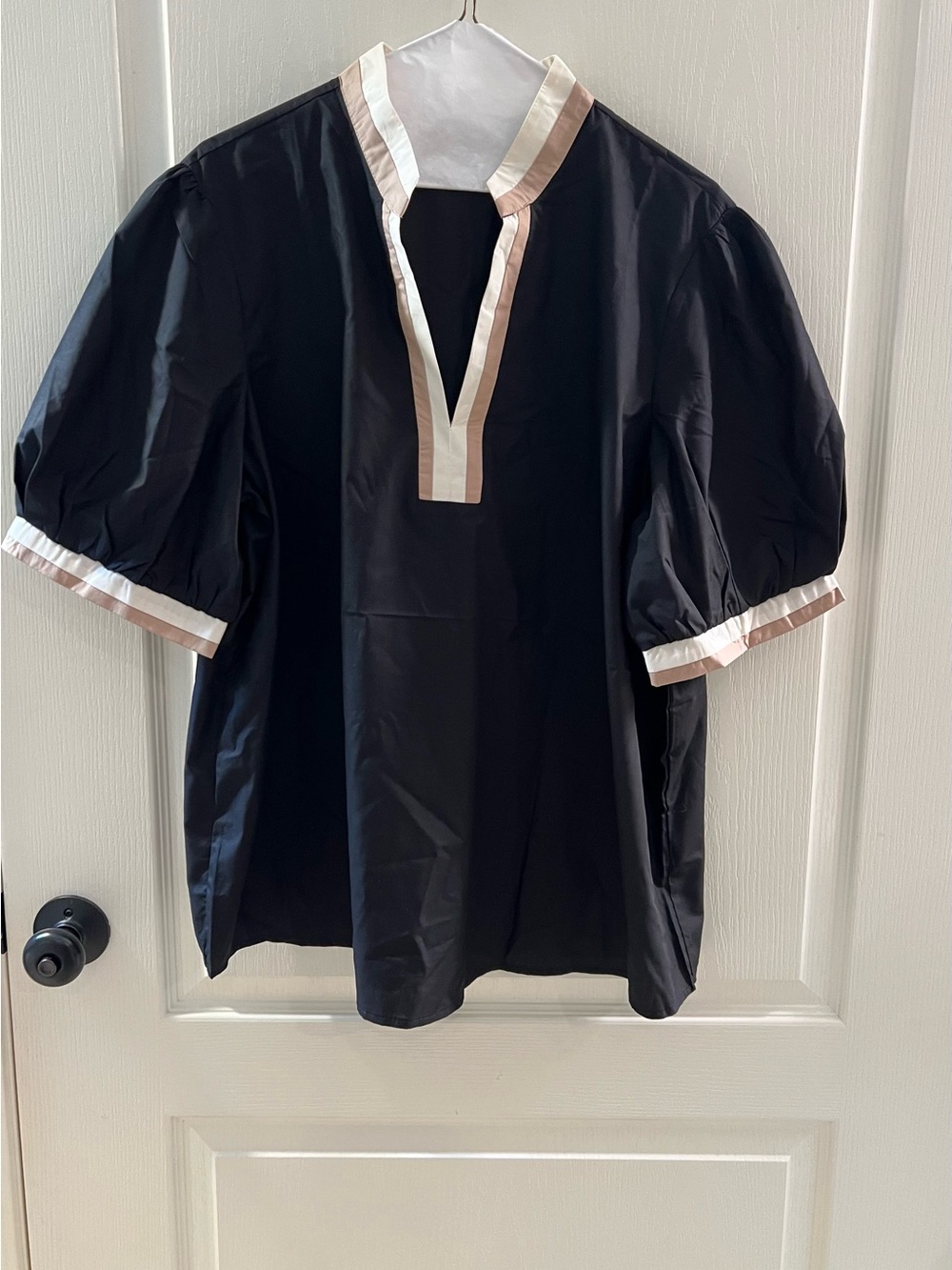 Black Puff Sleeve Tunic/Shirt with Cream & Taupe Trim